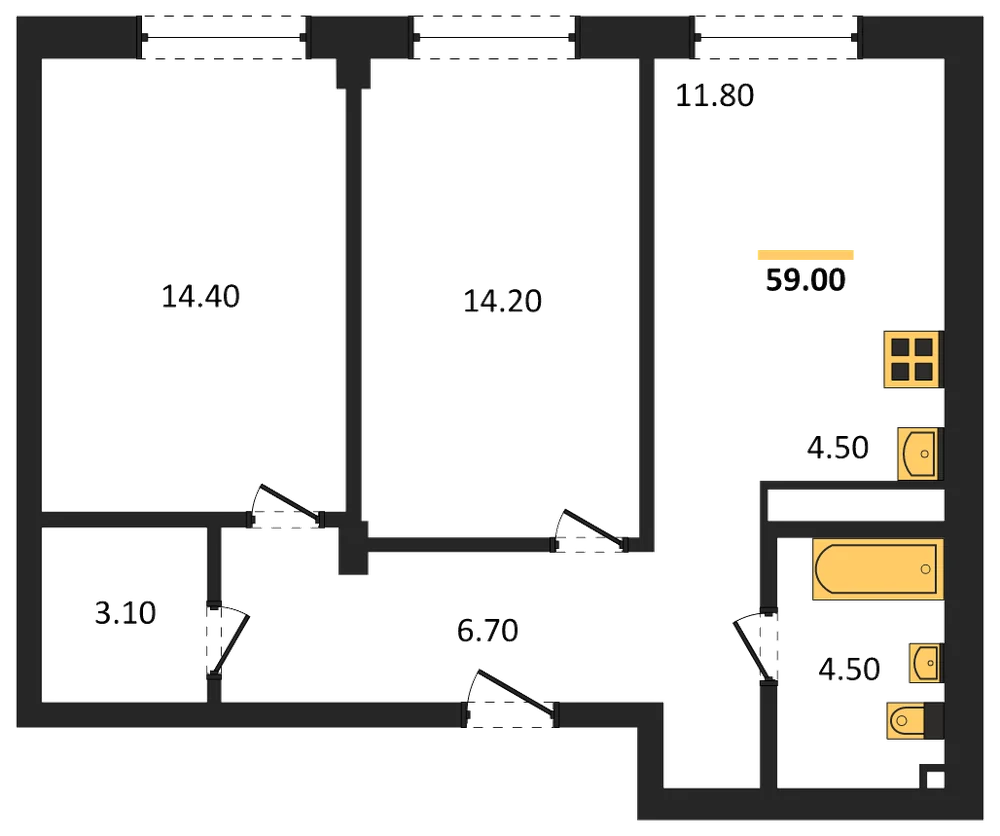 Планировка: 2-комн., 59,2 м²