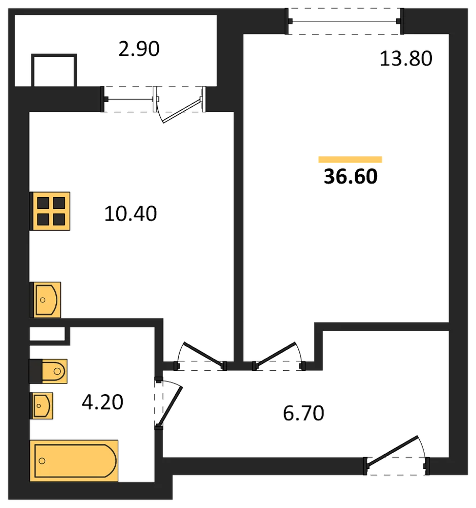 Планировка: 1-комн., 36,6 м²