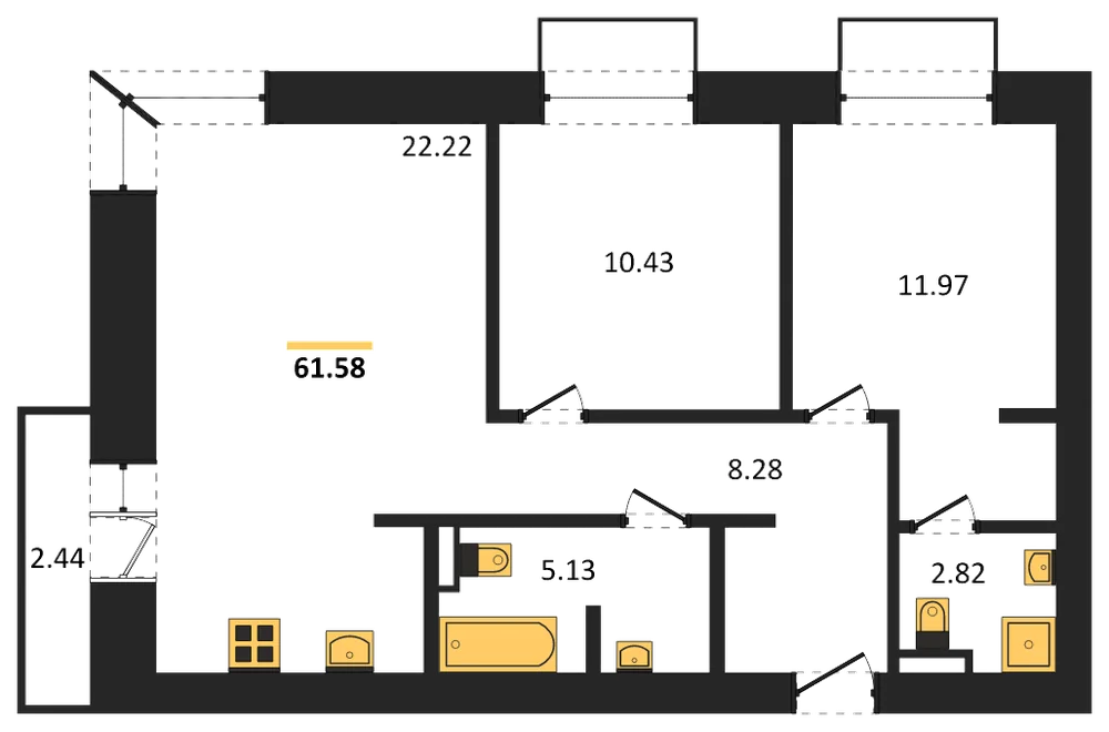 Планировка: 2-комн., 61,6 м²