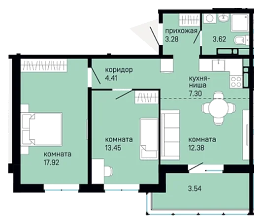 Планировка: 2-комн., 65,9 м²