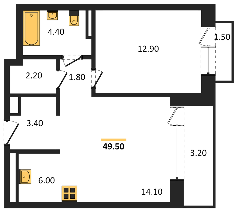Планировка: 1-комн., 49,5 м²