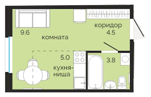 Планировка: Студия, 22,9 м²