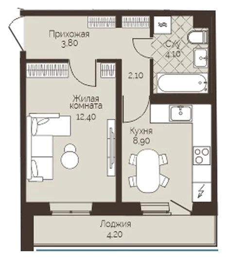 Планировка: 1-комн., 33,4 м²