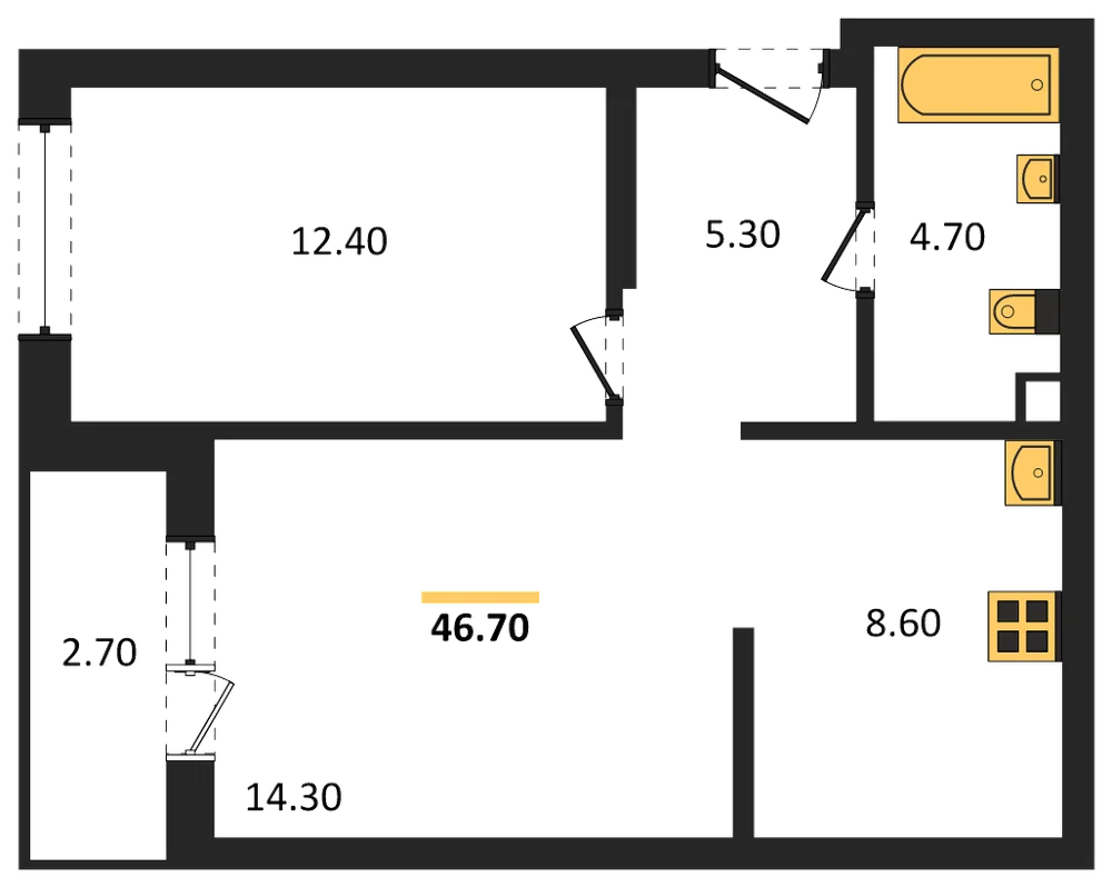 Планировка: 1-комн., 46,7 м²