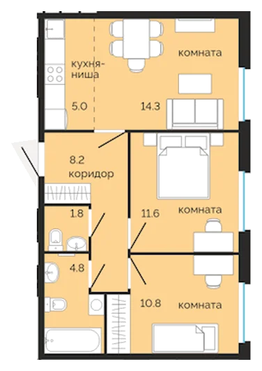 Планировка: 2-комн., 56,5 м²