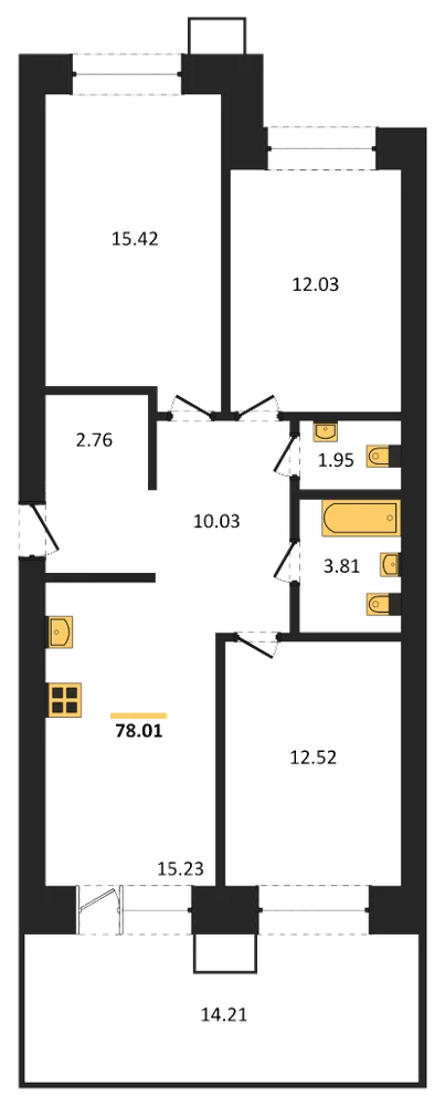 Планировка: 3-комн., 77,9 м²