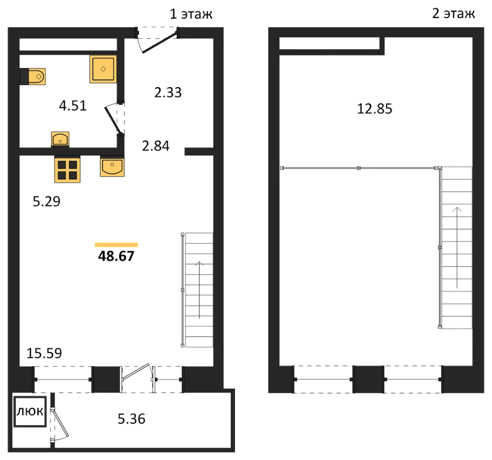 Планировка: 1-комн., 48,7 м²