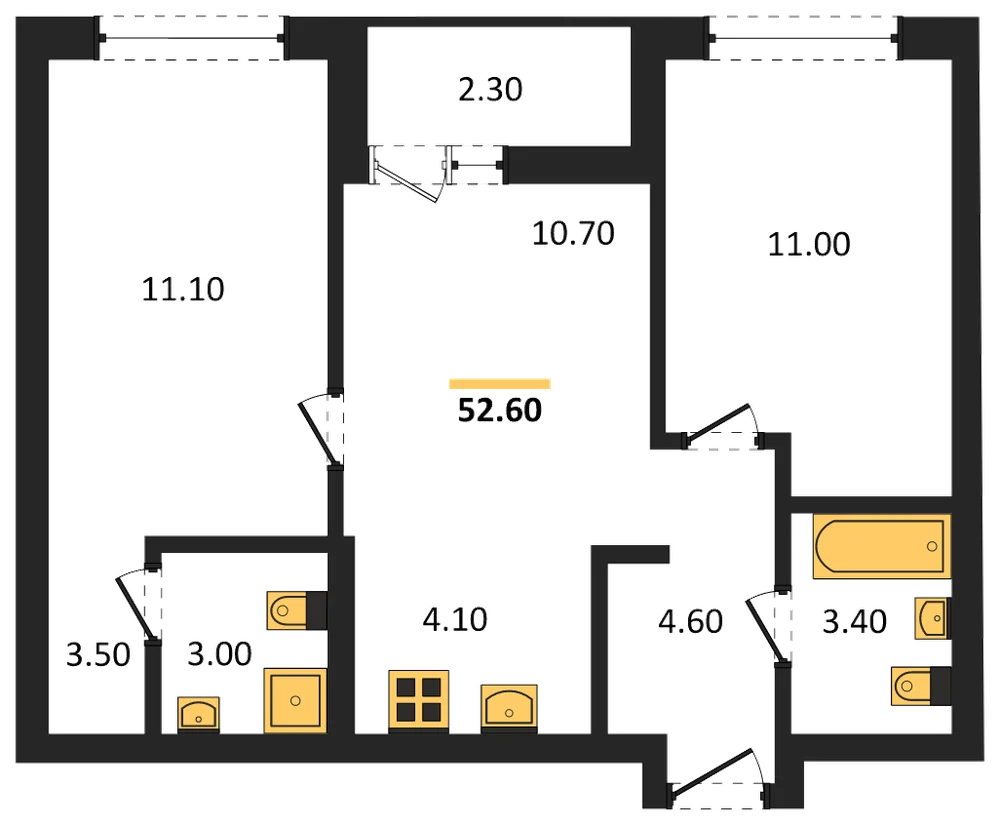 Планировка: 2-комн., 52,6 м²