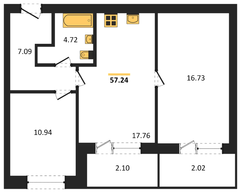 Планировка: 2-комн., 57 м²