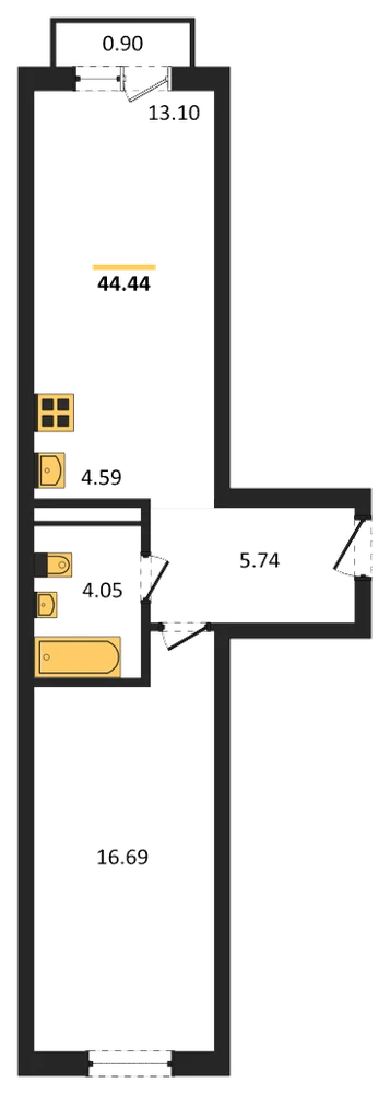 Планировка: 1-комн., 44,4 м²