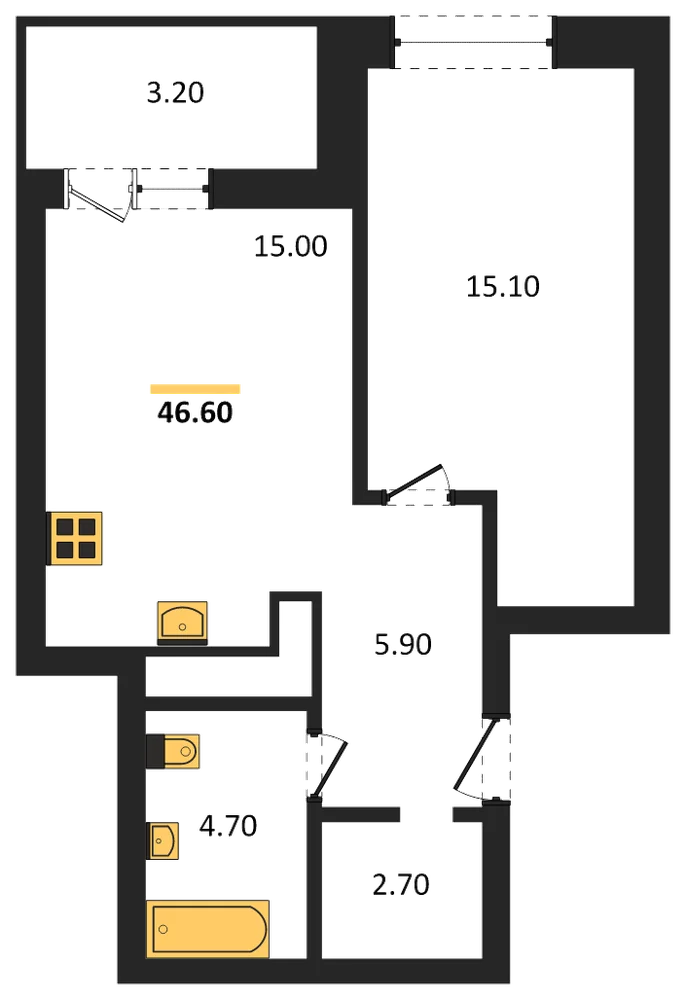Планировка: 1-комн., 45 м²