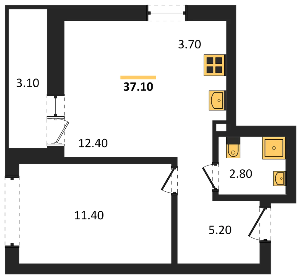 Планировка: 1-комн., 37,1 м²