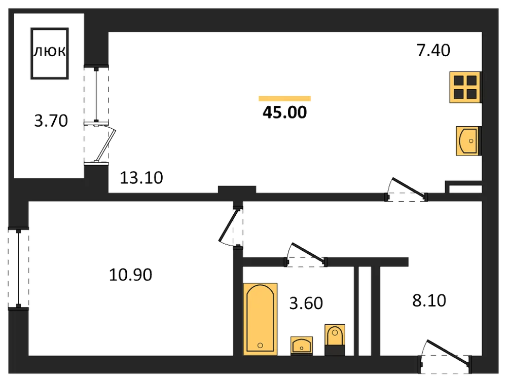 Планировка: 1-комн., 45 м²