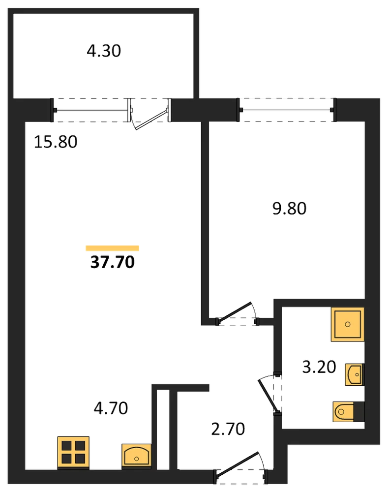 Планировка: 1-комн., 37,7 м²