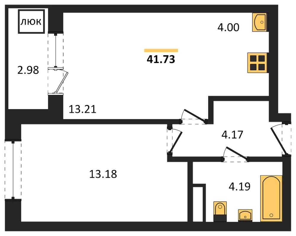 Планировка: 1-комн., 41,7 м²