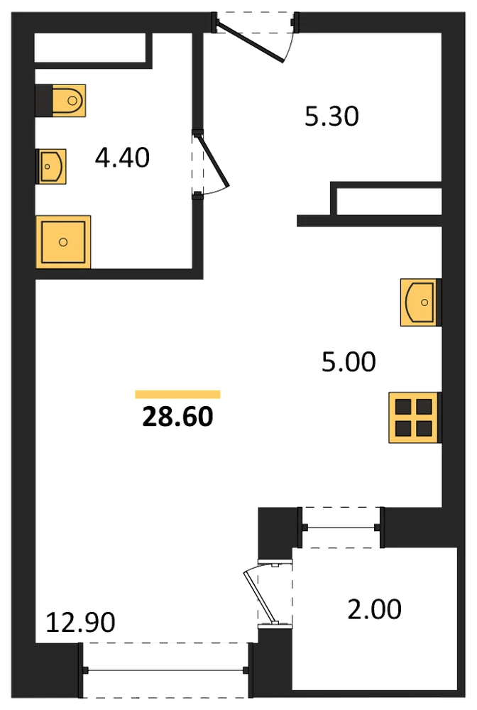 Планировка: Студия, 28,6 м²