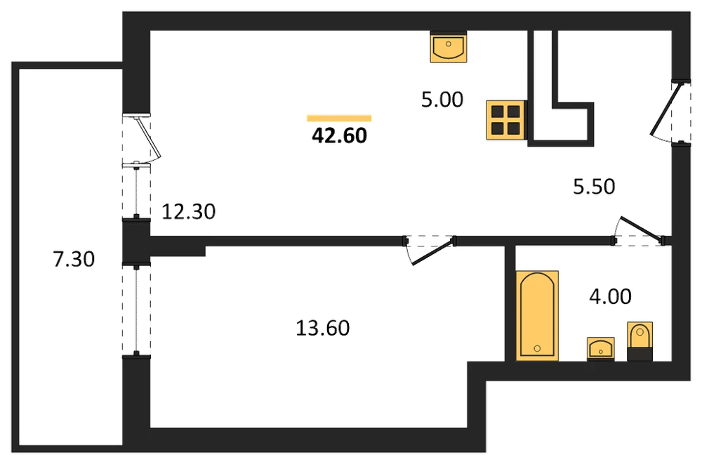 Планировка: 1-комн., 42,6 м²