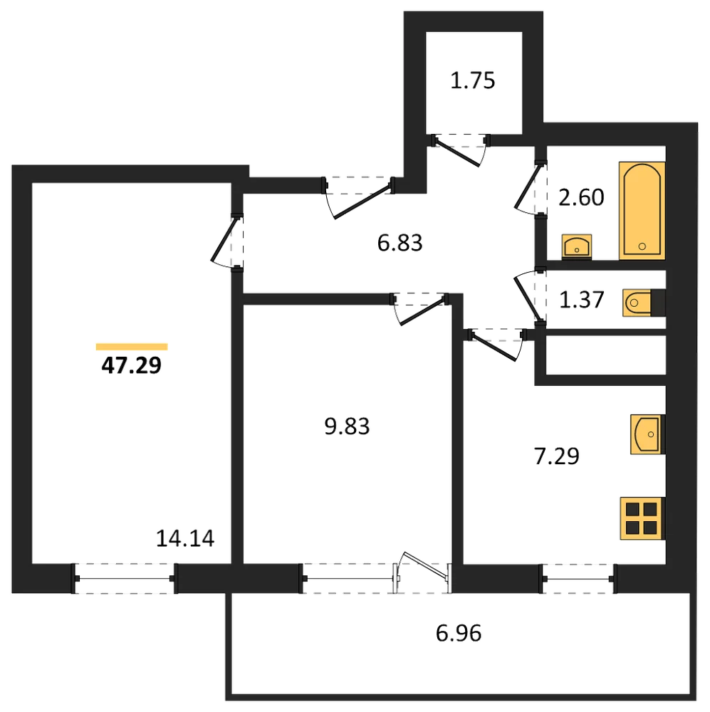 Планировка: 2-комн., 47,3 м²