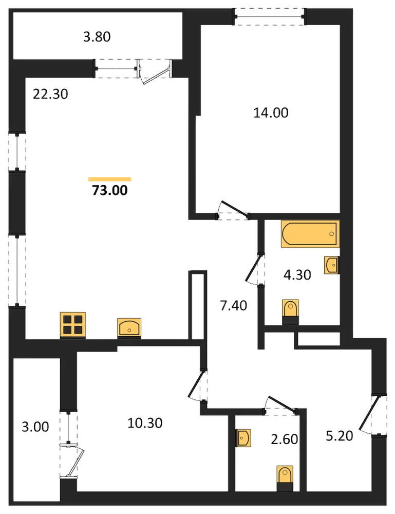 Планировка: 2-комн., 73 м²