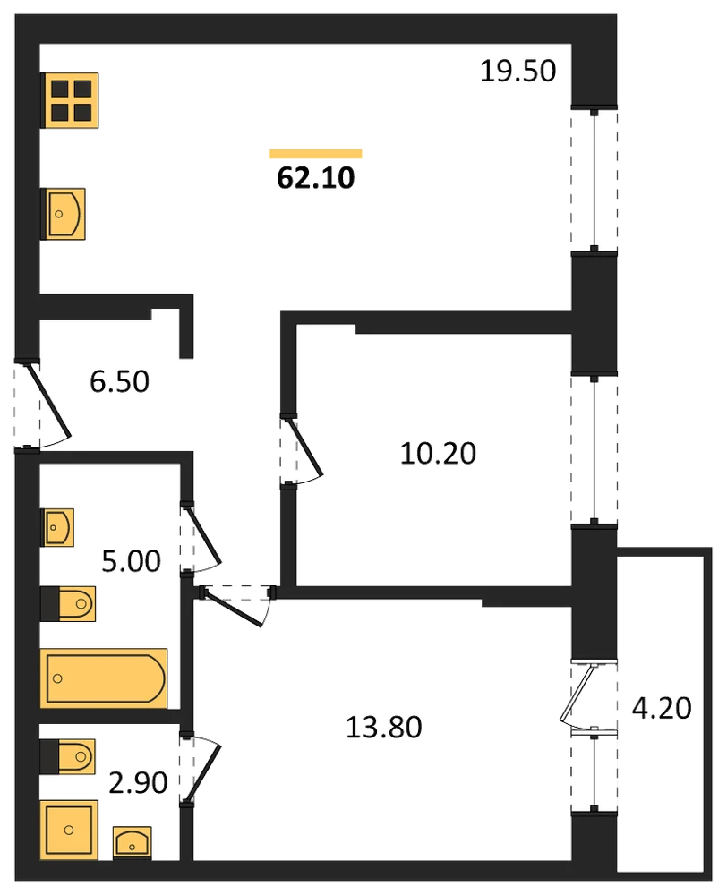 Планировка: 2-комн., 59,2 м²