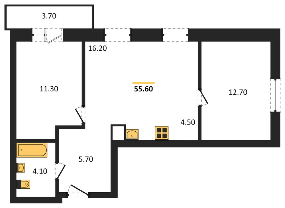 Планировка: 2-комн., 55,6 м²