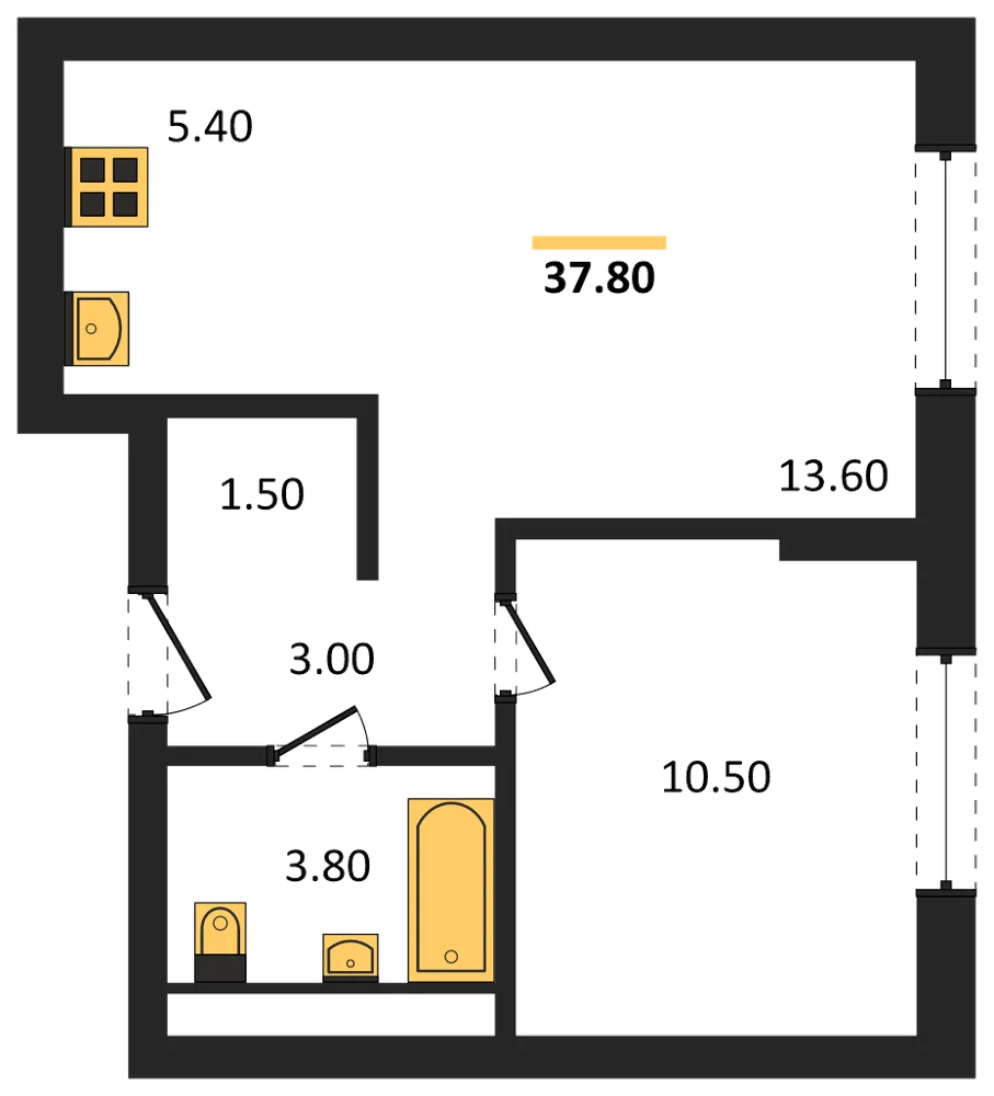 Планировка: 1-комн., 37,8 м²