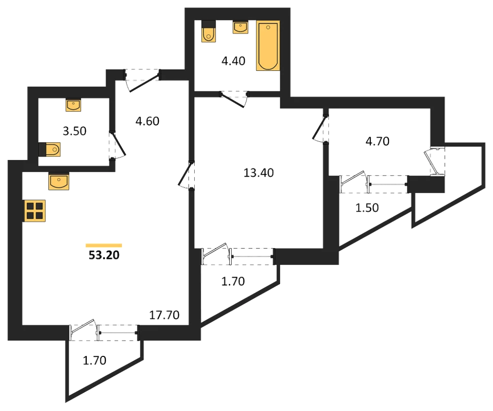 Планировка: 1-комн., 53,2 м²