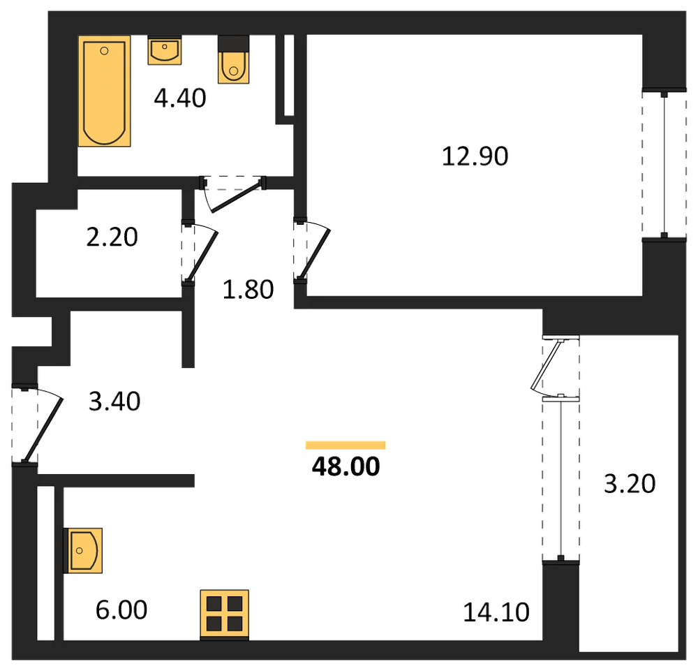 Планировка: 1-комн., 48 м²