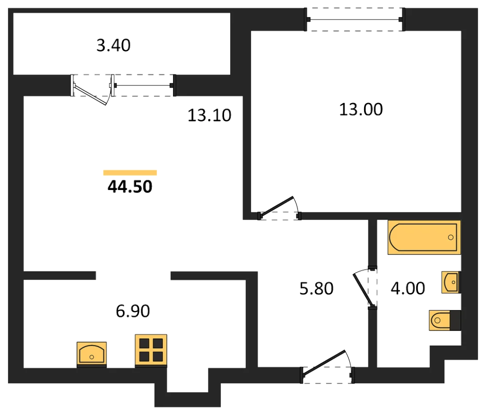 Планировка: 1-комн., 44,5 м²