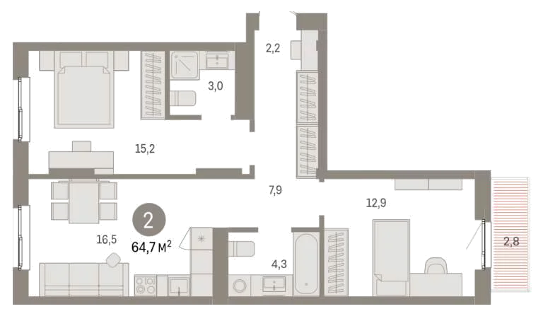 Планировка: 2-комн., 64,7 м²