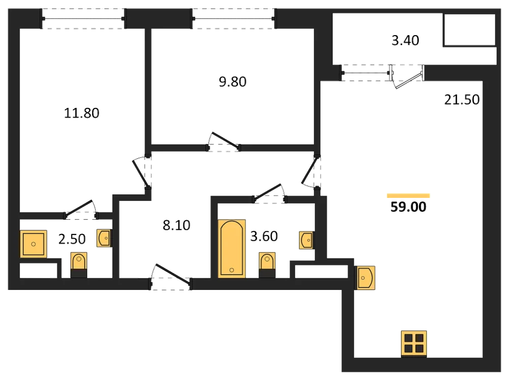 Планировка: 2-комн., 59 м²