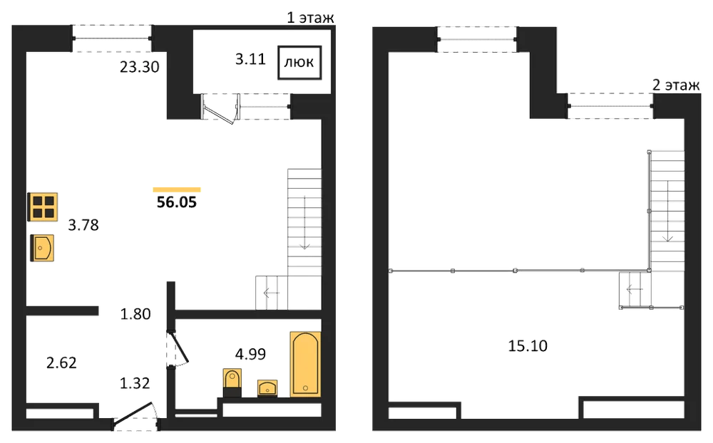 Планировка: 1-комн., 56,1 м²