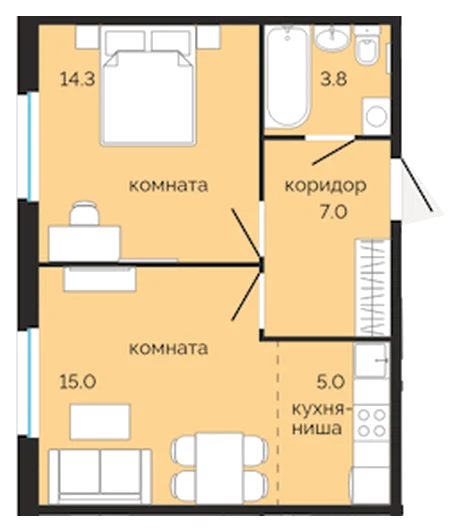 Планировка: 1-комн., 45,1 м²