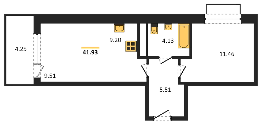 Планировка: 1-комн., 41,9 м²