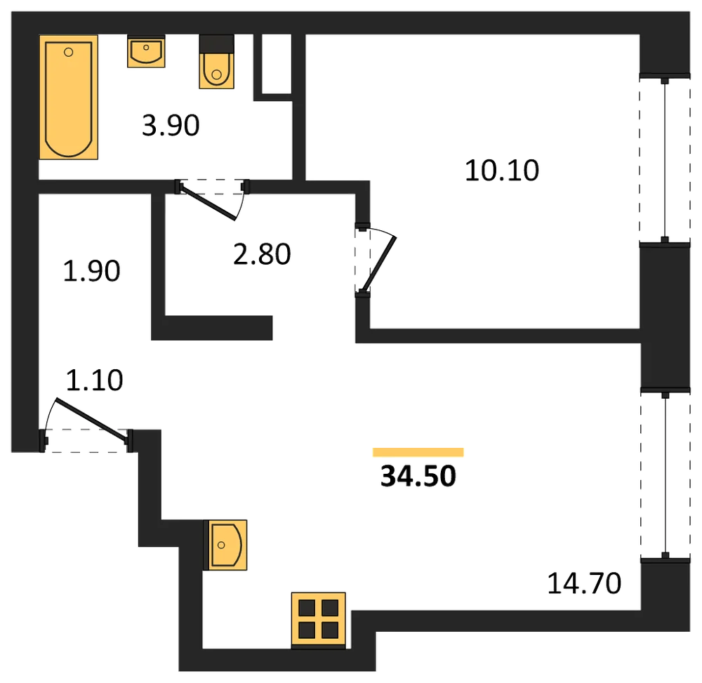 Планировка: 1-комн., 34,5 м²