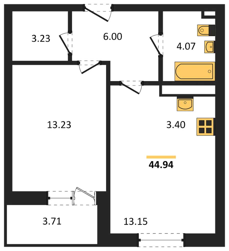 Планировка: 1-комн., 44,9 м²