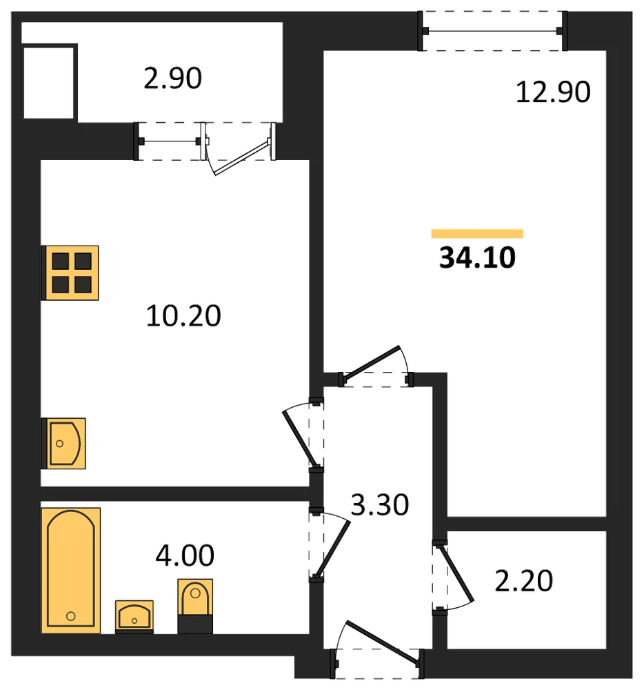 Планировка: 1-комн., 34,1 м²