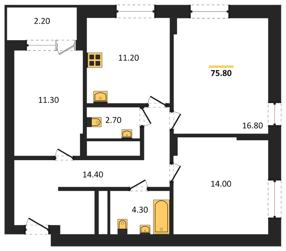 Планировка: 3-комн., 75,8 м²