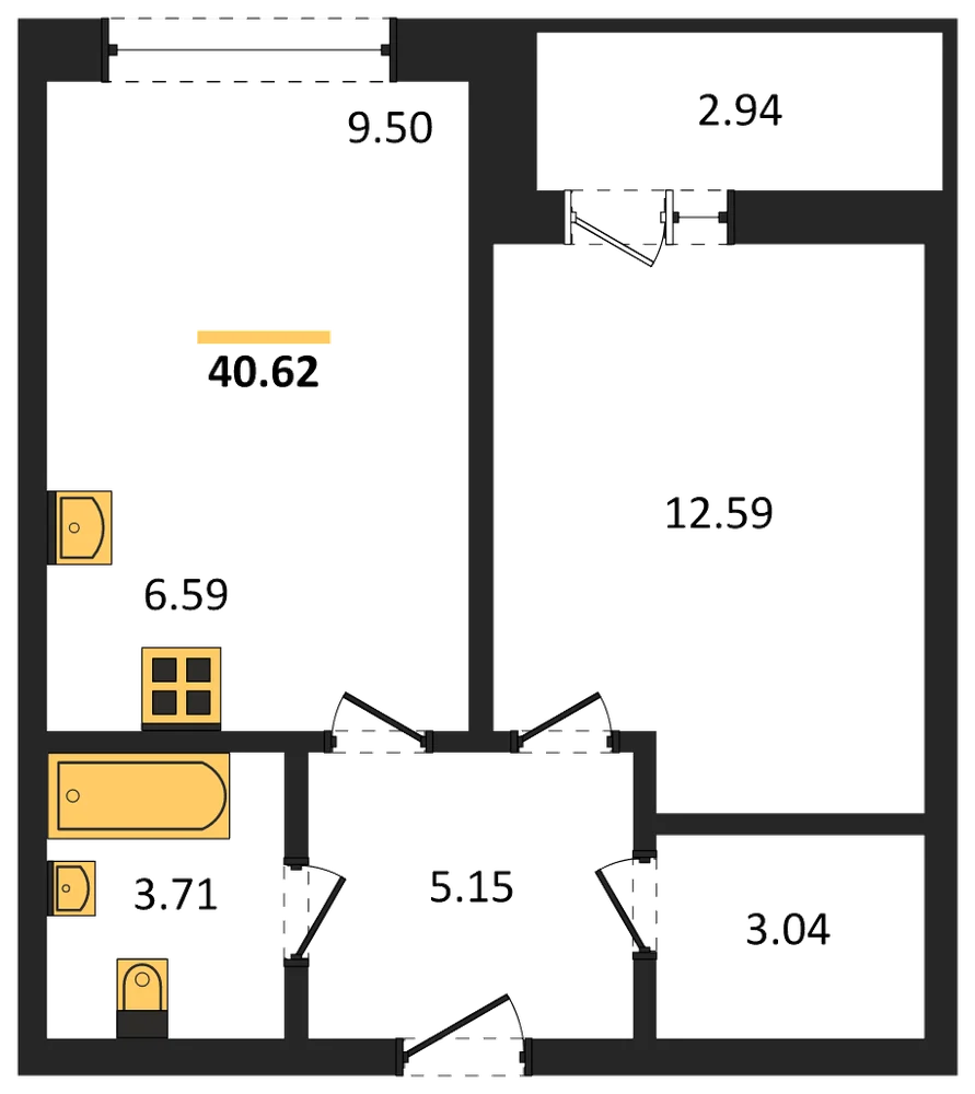 Планировка: 1-комн., 40,6 м²