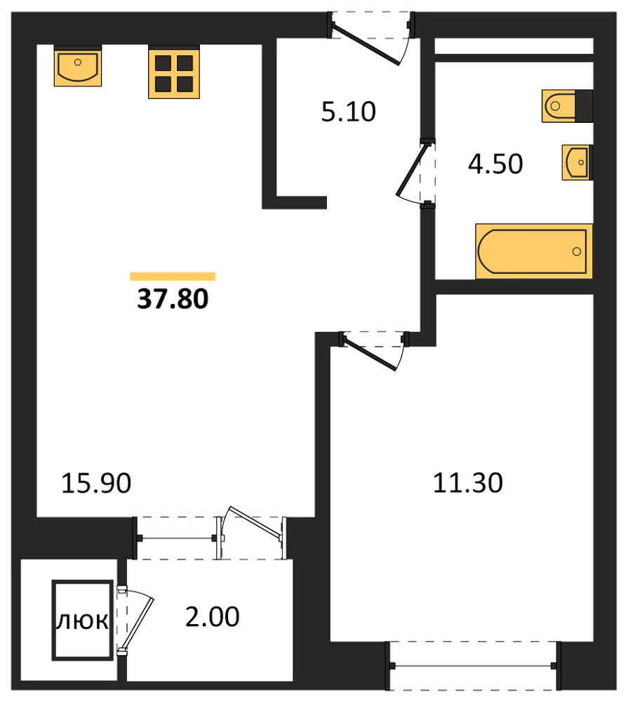 Планировка: 1-комн., 37,8 м²