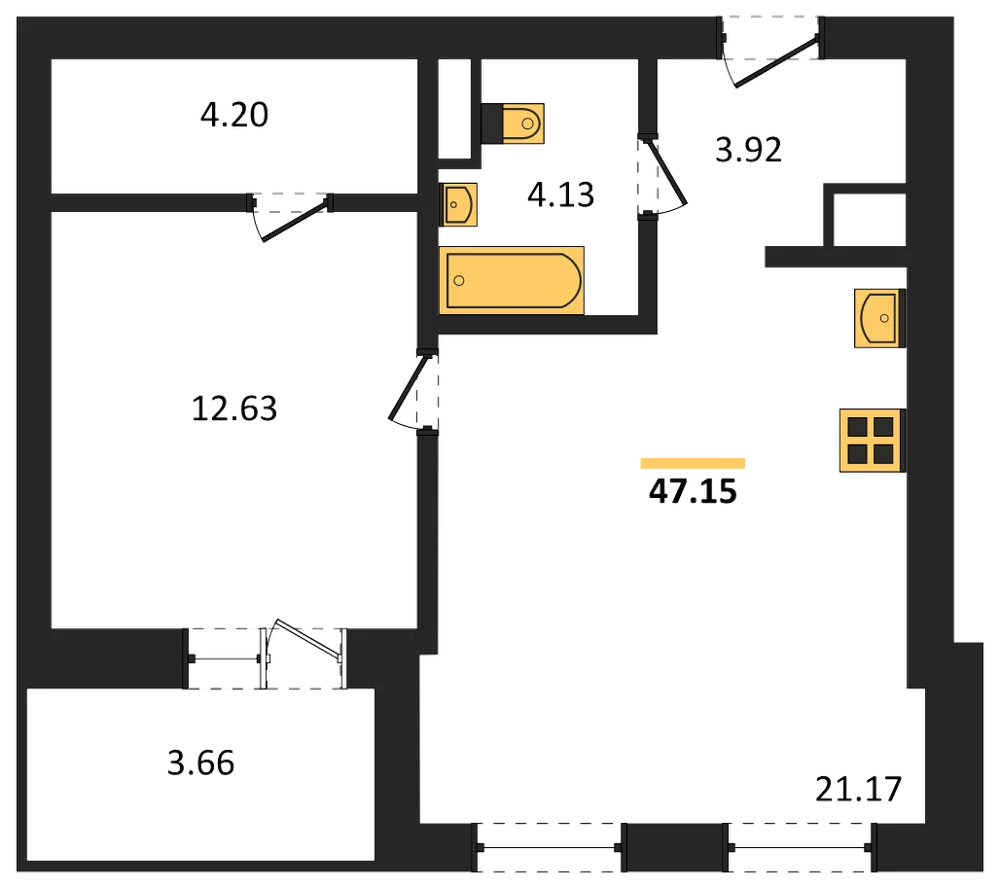 Планировка: 1-комн., 47,2 м²