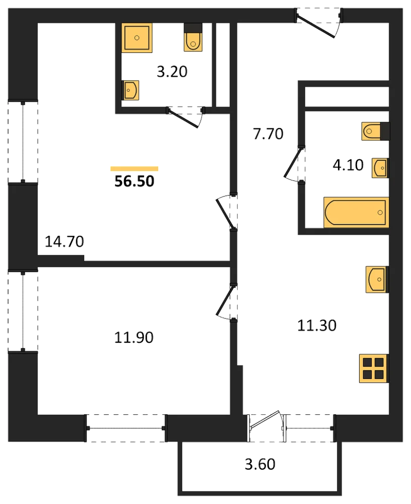 Планировка: 2-комн., 54 м²