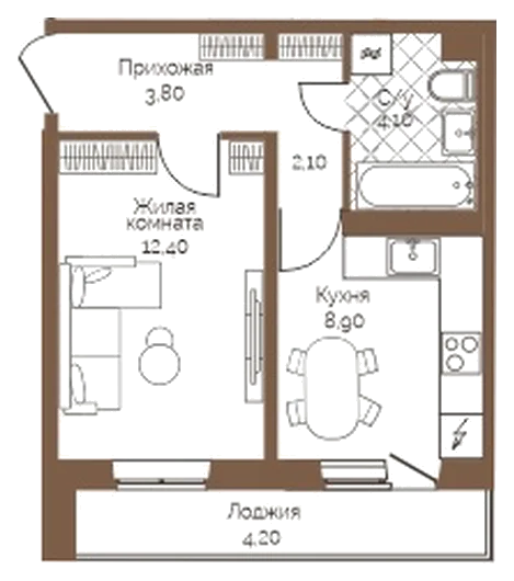 Планировка: 1-комн., 33,4 м²