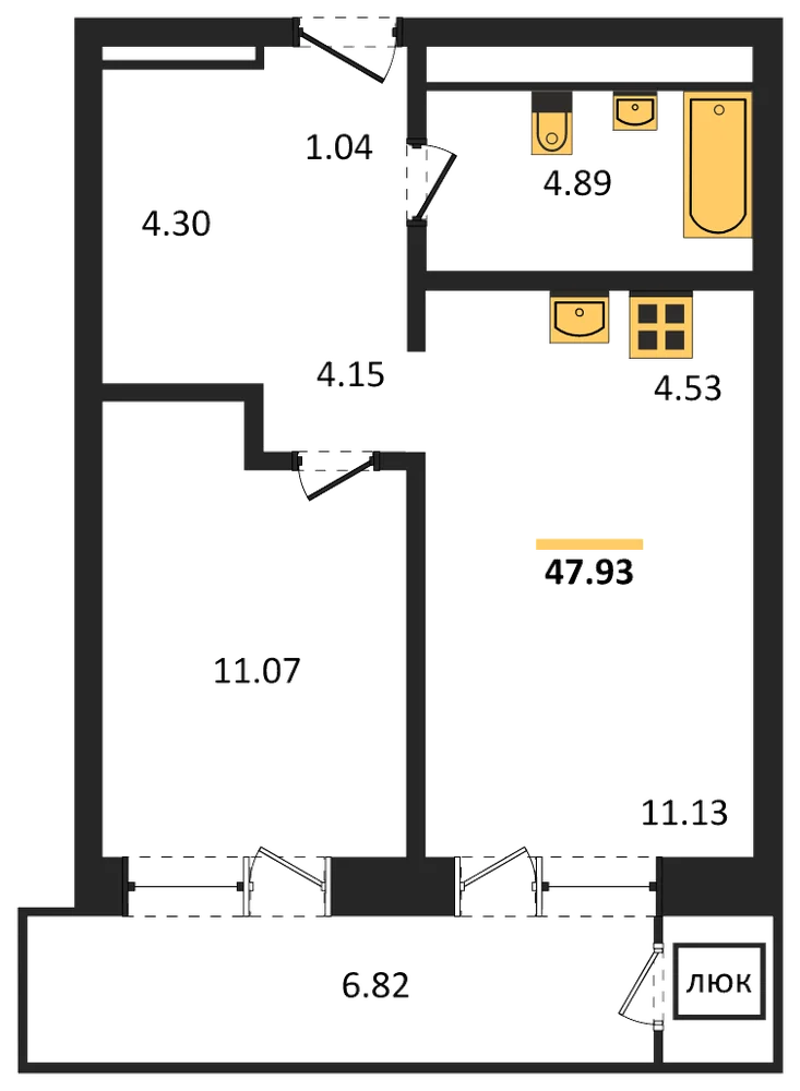 Планировка: 1-комн., 47,9 м²