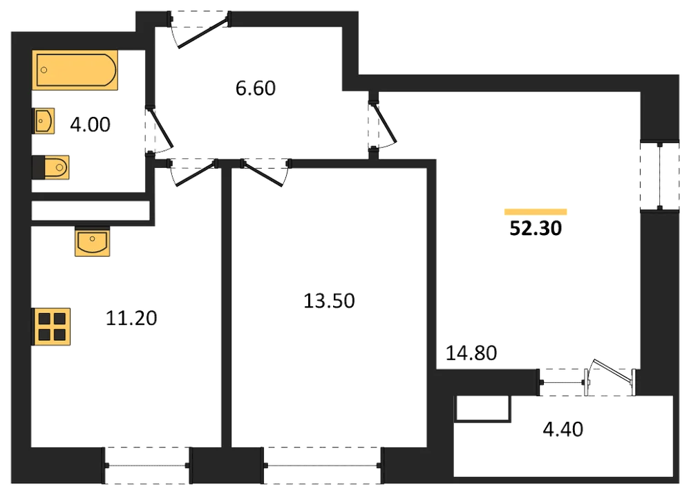 Планировка: 2-комн., 52,3 м²