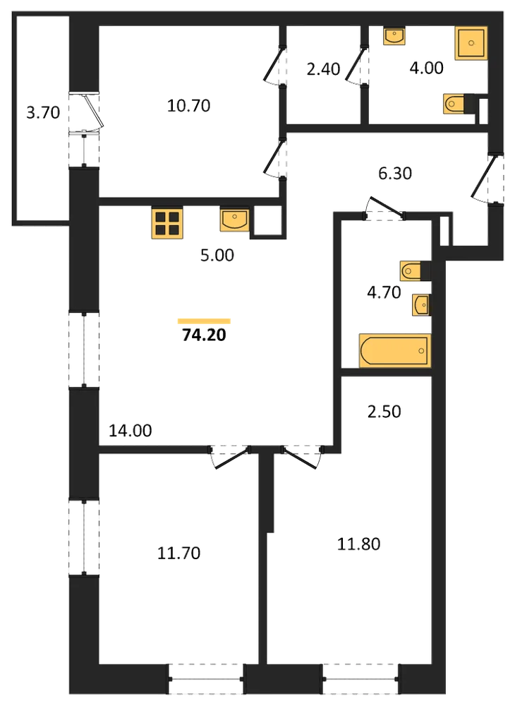 Планировка: 3-комн., 74,2 м²