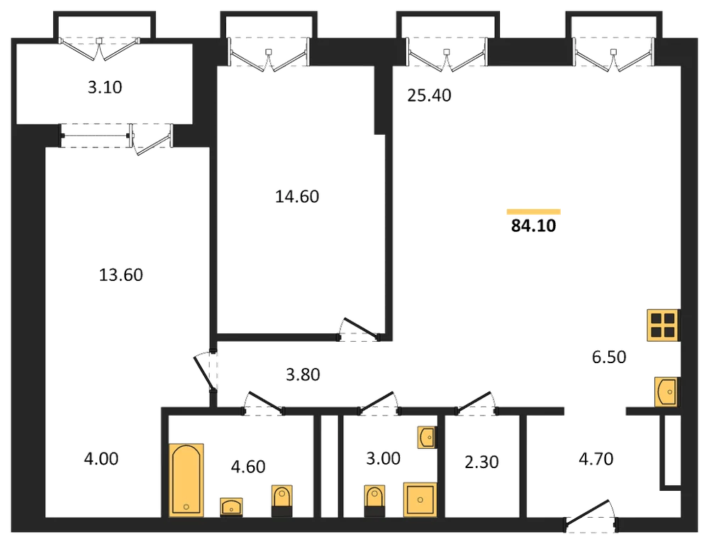 Планировка: 3-комн., 84,1 м²