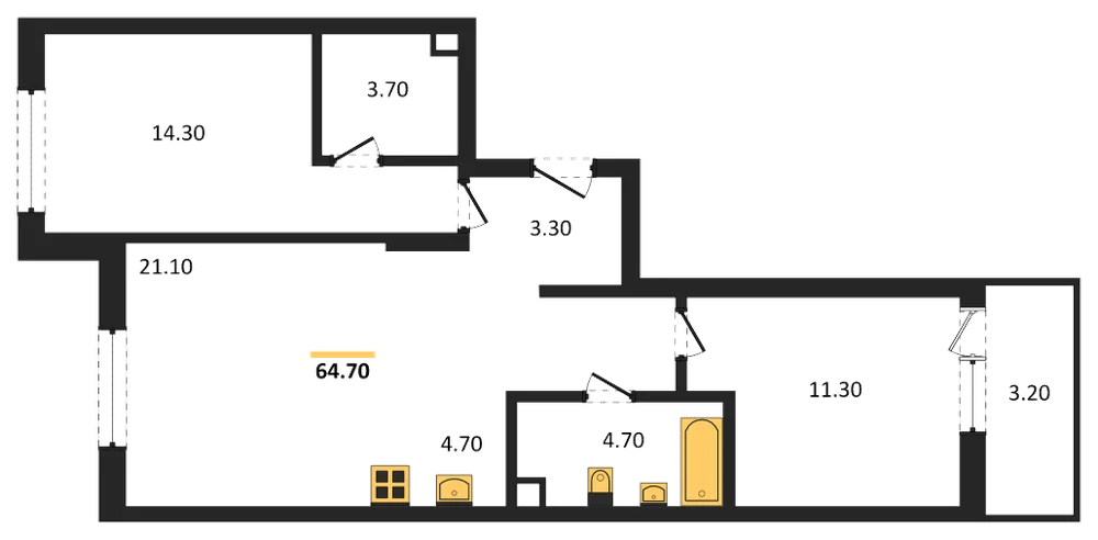 Планировка: 2-комн., 64,7 м²