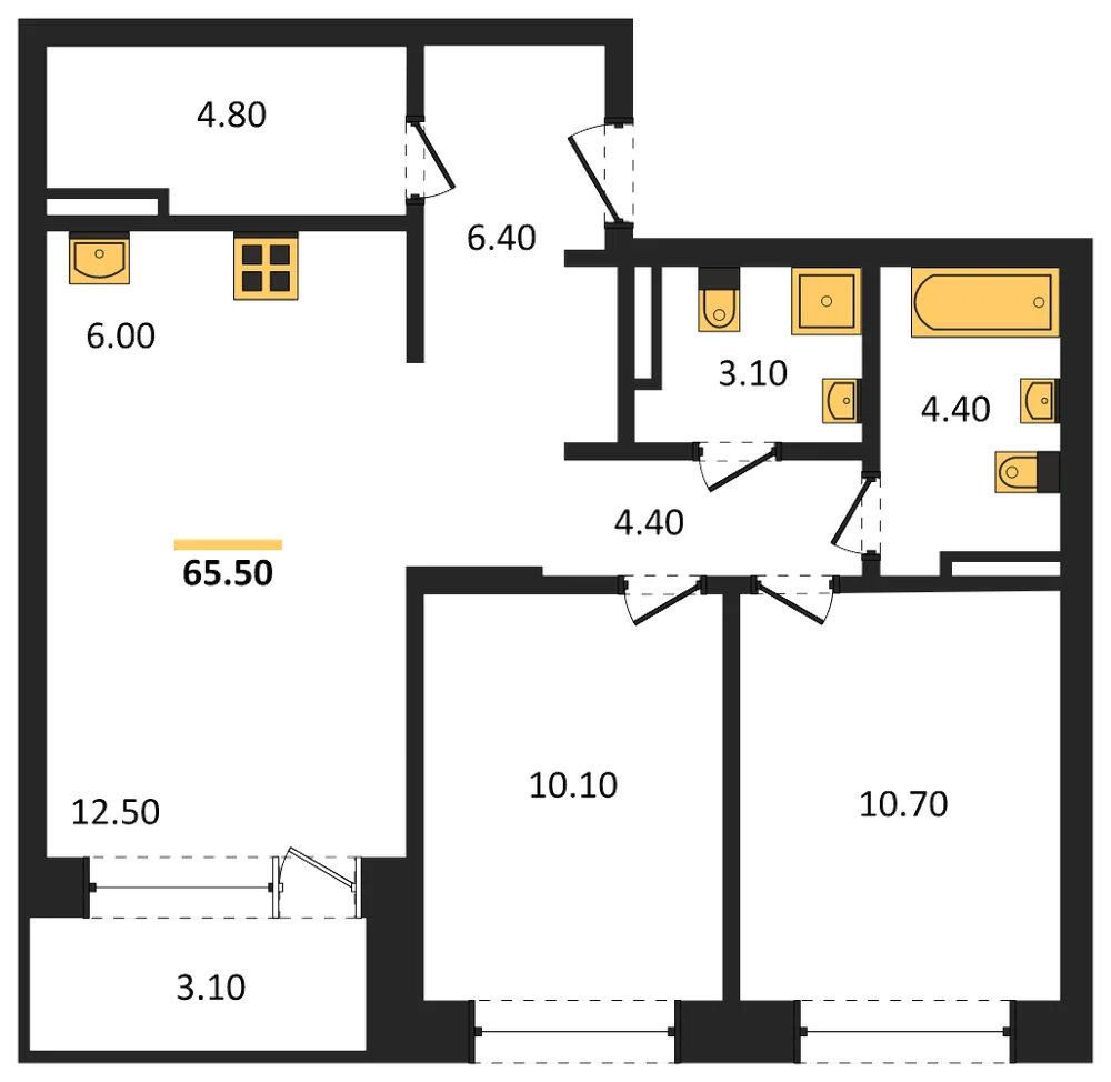 Планировка: 2-комн., 65,5 м²