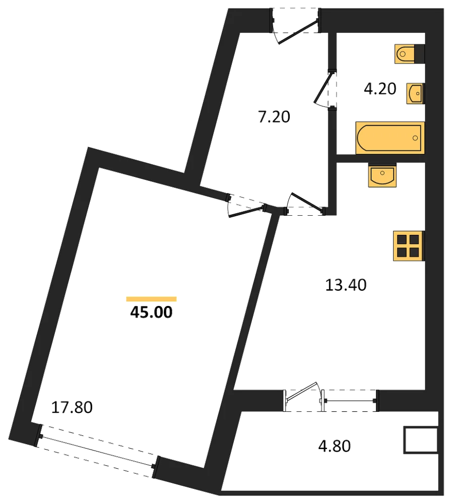 Планировка: 1-комн., 45 м²